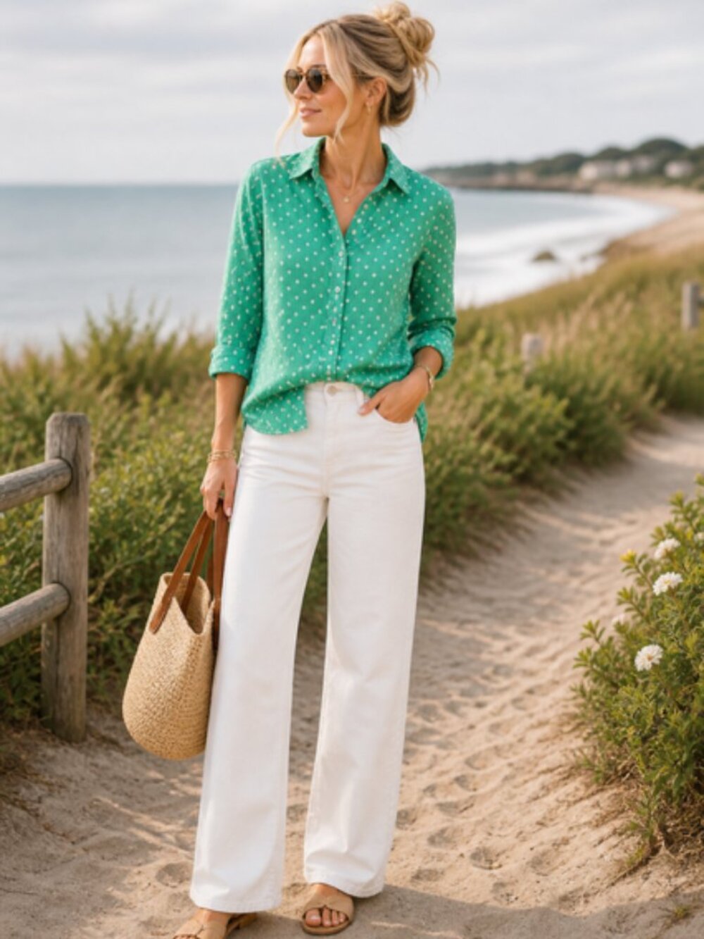 J.Crew Green Polka Dot Button-Up Shirt Womens M‎ 100% Linen Soft Long Sleeve